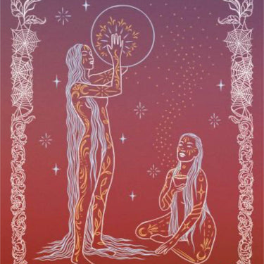A tarot-style art print titled 'Dusk' with the card name 'Healing' at the bottom. The artwork features two stylized human figures in a starry red and purple sky, one standing and one seated, with ornate decorative borders around the edges.