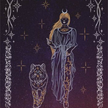 A tarot card titled 'Night' with the 'Instinct' theme, featuring a dark purple background with a celestial illustration of a woman with a crescent moon on her head and a wolf, surrounded by stars and ornate borders.