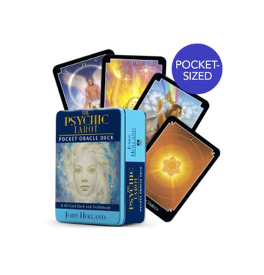 The Psychic Tarot Pocket Oracle Deck by John Holland, featuring a blue tin box in front of several illustrated tarot cards, with a purple circular badge reading 'POCKET-SIZED' on a white background.