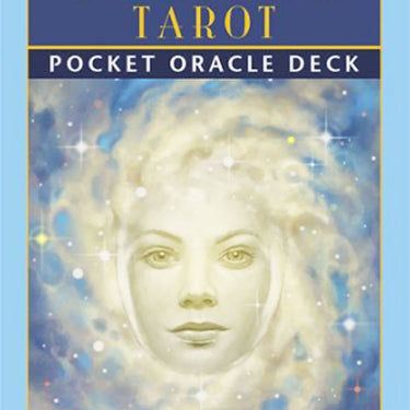 Front cover of 'The Psychic Tarot Pocket Oracle Deck' by John Holland, showing a pale face surrounded by blue and white starry clouds on a light blue background.