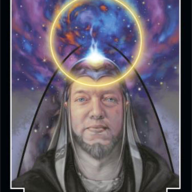 A tarot-style card titled 'AWARENESS' showing a hooded figure with a glowing yellow halo over the head against a cosmic purple and blue starry background. The card has a black border and the title 'AWARENESS' printed at the bottom.