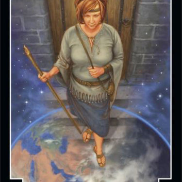 A tarot-style card titled 'New Beginnings' showing an illustrated woman standing on Earth with a staff, in front of a wooden door and starry sky, with the letter O at the top.