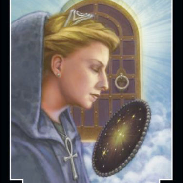 A tarot card titled 'INTUITION' with the number 2 at the top. The card art shows a blonde woman in profile wearing a blue-gray hooded robe and a silver cross necklace, looking toward a glowing circular object in the foreground, with a golden arched door and bright light behind her.