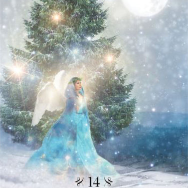 Angel of the Evergreen standing in front of a snow-covered tree with a full moon in the background.