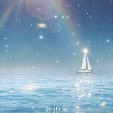 A serene blue-toned artwork showing a sailboat on calm water under a starry night sky with bright sun rays and glowing stars. Text at the bottom reads 'Angel of the High Seas' and 'Journey, Travel, Relocation.