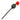 A handcrafted wooden toy mace or staff with a carved black oval head featuring geometric gold patterns, a long dark brown wooden handle, and a vibrant red and yellow feather tassel, shown on a plain white background.
