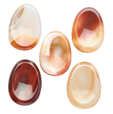 Five smooth, polished oval cabochon gemstones in various colors and patterns, including amber, reddish-brown, peach, and cream, arranged on a plain white background.