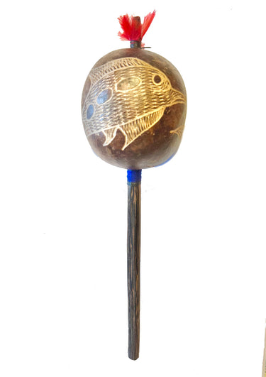 Shipibo Dolphin Gourd Rattle 3" Medium Blue - Joy & Flow - Amazon Shamanic Rattle