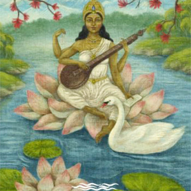 A square art print or card cover titled 'Saraswati Flow of Wisdom' featuring an illustration of the Hindu goddess Saraswati seated on pink lotus flowers in a river, playing a stringed instrument, with a white swan and green lily pads.