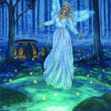 Book cover for 'Korrigan: Guardian of the Sacred' featuring an illustration of a glowing fairy in a white gown standing in a mystical blue forest with green ground and small golden lights.