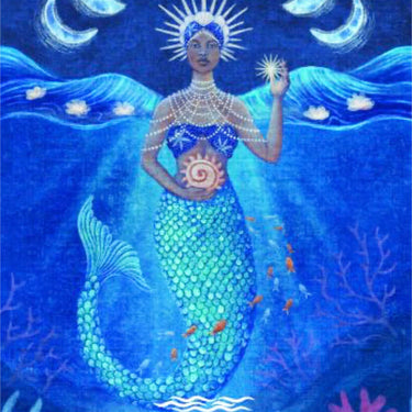 A blue-toned spiritual artwork featuring a mermaid with a green-blue scaled tail, holding a glowing orb, beneath a sequence of moon phases. The text 'Yemaya' and 'DIVINE BLESSINGS' appears at the bottom over an ocean scene with coral and fish.