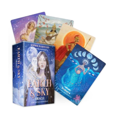 The Earth & Sky Oracle card deck box with several illustrated cards fanned behind it on a plain white background. The box and cards feature fantasy artwork in blue, purple, peach, and orange tones, with visible text including 'Sophie Ashford' and 'The Earth & Sky Oracle'.