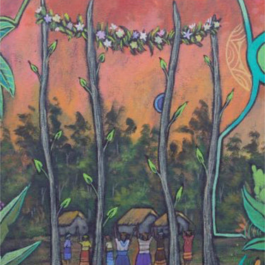 A colorful tarot card illustration titled 'FOUR OF WANDS' showing four tall tree trunks with a floral garland across the top, a forest in the background, small figures near huts, and a large red-orange circular motif at the top.