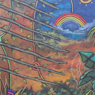 Illustrated card art titled 'EIGHT OF WANDS' showing a stylized landscape with a rainbow, sun, wands, and botanical elements in a colorful fantasy art style.