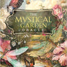 Front cover of 'The Mystical Garden Oracle' card deck and guidebook by Denise Linn, illustrated with a lush garden scene, butterflies, flowers, and dragonflies. The title appears in large gold lettering on a dark central label.