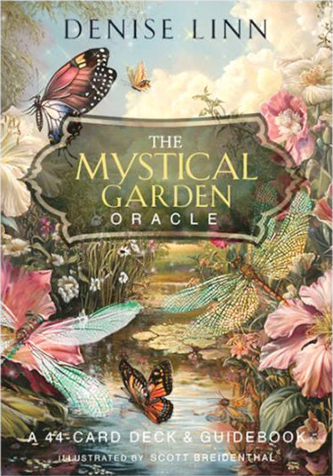 Front cover of 'The Mystical Garden Oracle' card deck and guidebook by Denise Linn, illustrated with a lush garden scene, butterflies, flowers, and dragonflies. The title appears in large gold lettering on a dark central label.
