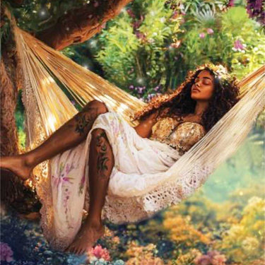 A woman reclines in a large cream hammock suspended between trees in a lush, colorful garden. The scene is dreamy and soft, with flowers, greenery, and warm sunlight.
