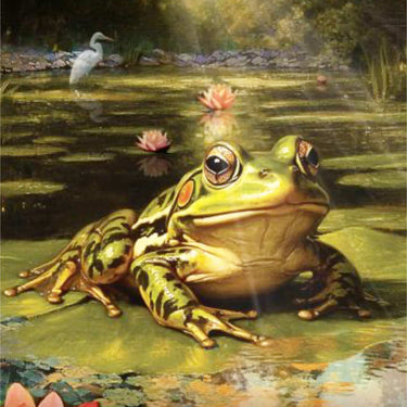 A nature art print featuring a green and yellow frog sitting on a lily pad in a pond, with pink water lilies, a white bird in the background, and the title 'Renewal' at the top.