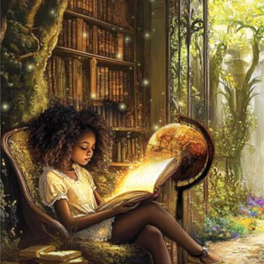 A fantasy-style book cover titled 'Wisdom' with the subtitle 'Garden Library'. The artwork shows a young woman sitting in a chair by an open book glowing with light, surrounded by bookshelves, trees, and a garden path.