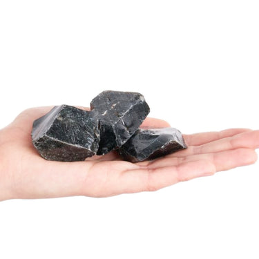Three rough black stone chunks resting on an open human hand against a plain white background.
