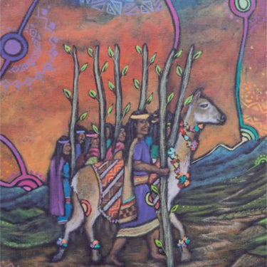 A colorful illustrated card or print titled 'SIX OF WANDS' shows a stylized scene with figures and a white llama-like animal carrying tall wands, set against a vivid orange, teal, purple, and brown background with geometric and organic patterns.