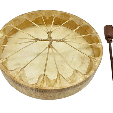 Water Buffalo Frame Drum 16″ - Handmade Shamanic Drum with Natural Hide & Beater - Reverse - Side aspect