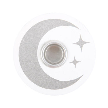 A circular white and silver crescent moon and stars graphic on a white background, centered with a metallic silver ring in the middle.